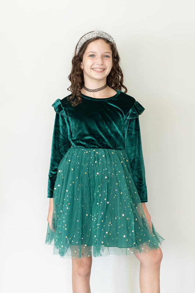 Girl's Green Velvet and Tulle Christmas Holiday Dress
