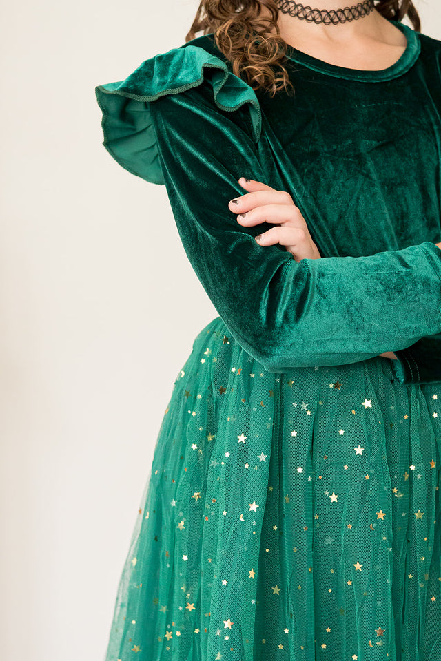 Girl's Green Velvet and Tulle Christmas Holiday Dress