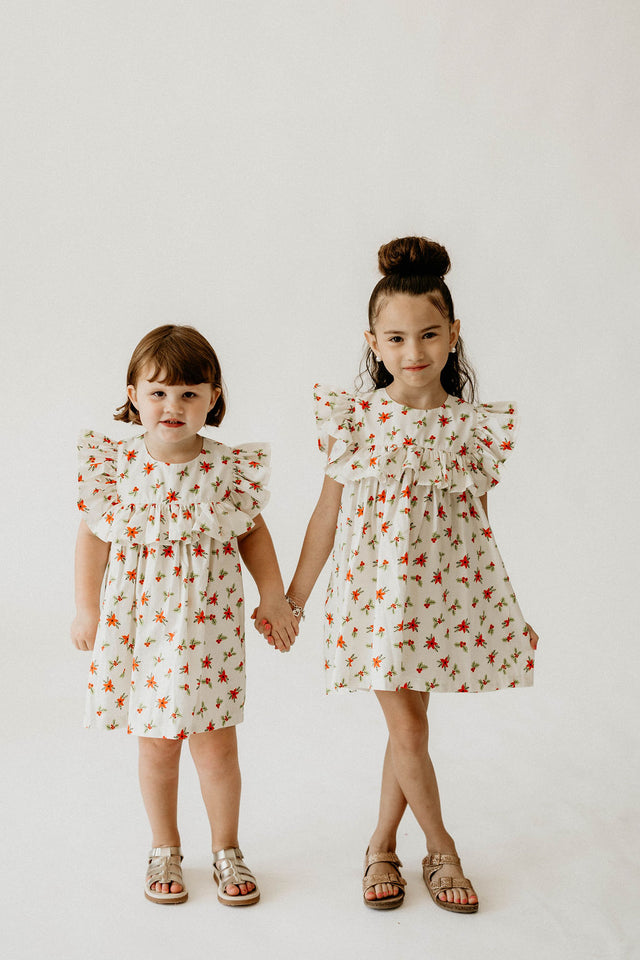 Girl’s Ivory Holly Print Christmas Dress with Ruffle Collar