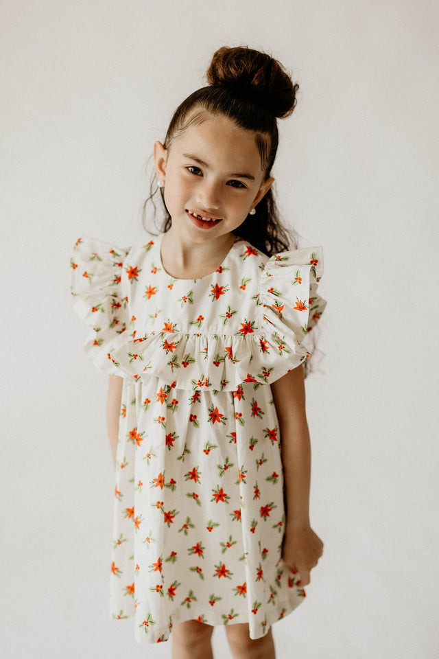 Girl’s Ivory Holly Print Christmas Dress with Ruffle Collar