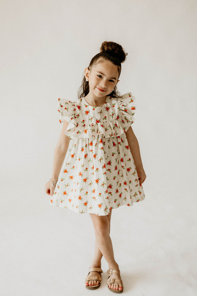 Girl’s Ivory Holly Print Christmas Dress with Ruffle Collar