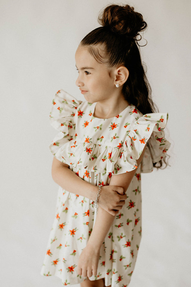 Girl’s Ivory Holly Print Christmas Dress with Ruffle Collar