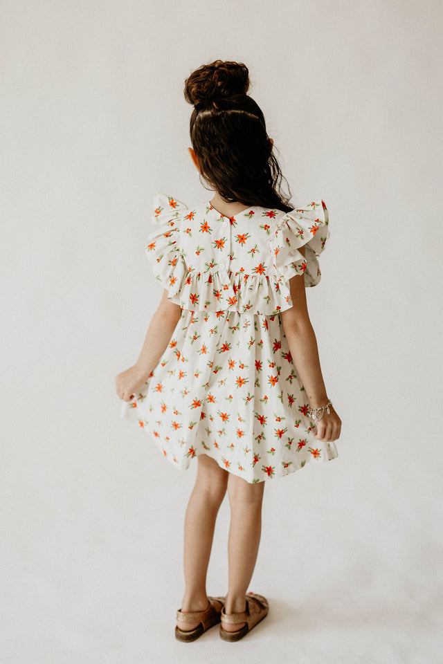 Girl’s Ivory Holly Print Christmas Dress with Ruffle Collar