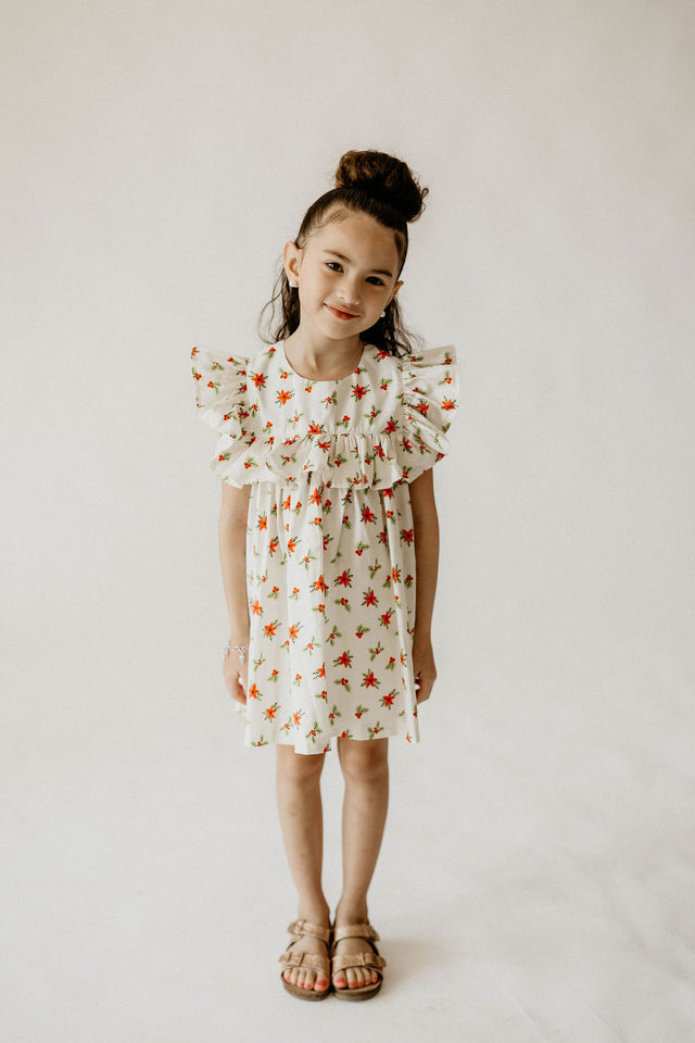 Girl’s Ivory Holly Print Christmas Dress with Ruffle Collar