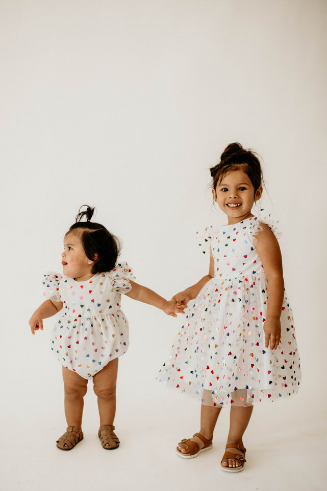 Girl's Rainbow Hearts White Tulle Confetti Party Dress