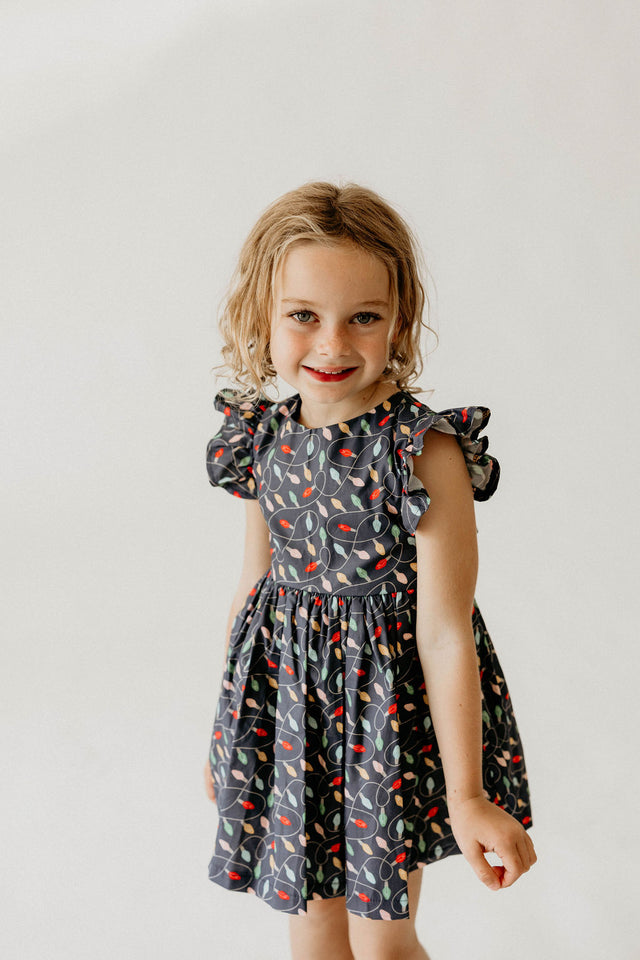 Girl’s Navy Christmas String Light Flutter Sleeve Dress