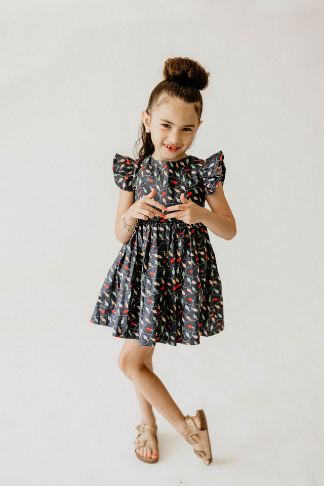 Girl’s Navy Christmas String Light Flutter Sleeve Dress