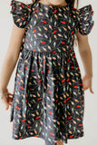 Girl’s Navy Christmas String Light Flutter Sleeve Dress
