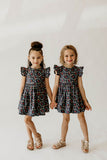 Girl’s Navy Christmas String Light Flutter Sleeve Dress