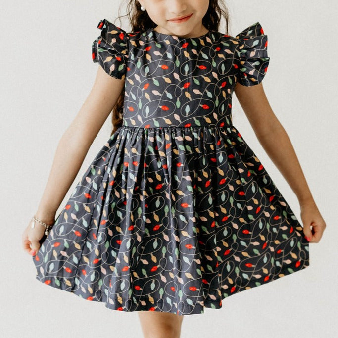 girls navy christmas string light flutter sleeve holiday dress