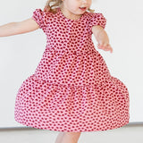 Girl's Pink and Dark Red Hearts Cotton Puff Sleeve Dress