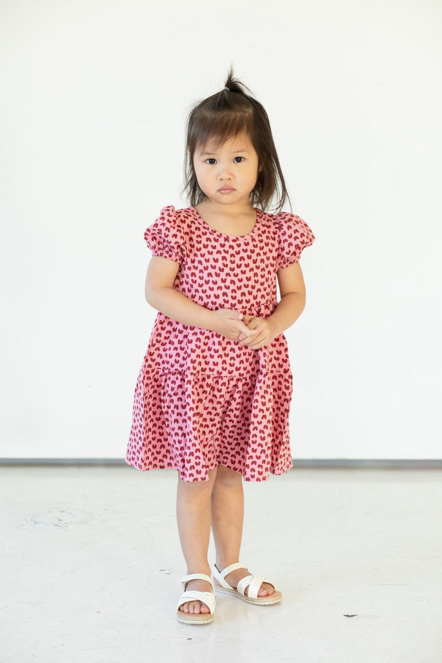Girl's Pink and Dark Red Hearts Cotton Puff Sleeve Dress