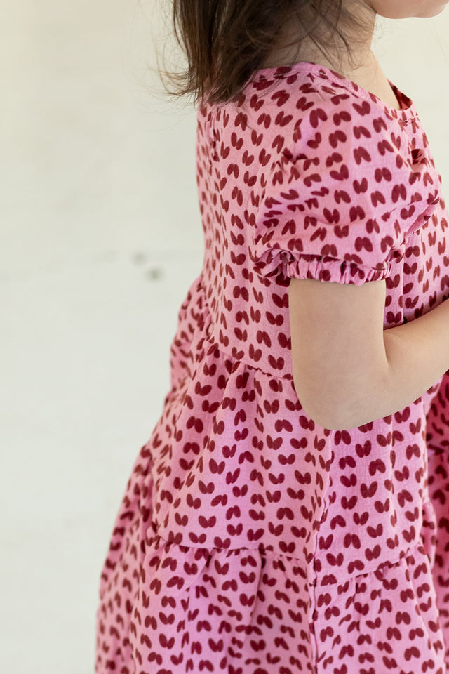 Girl's Pink and Dark Red Hearts Cotton Puff Sleeve Dress