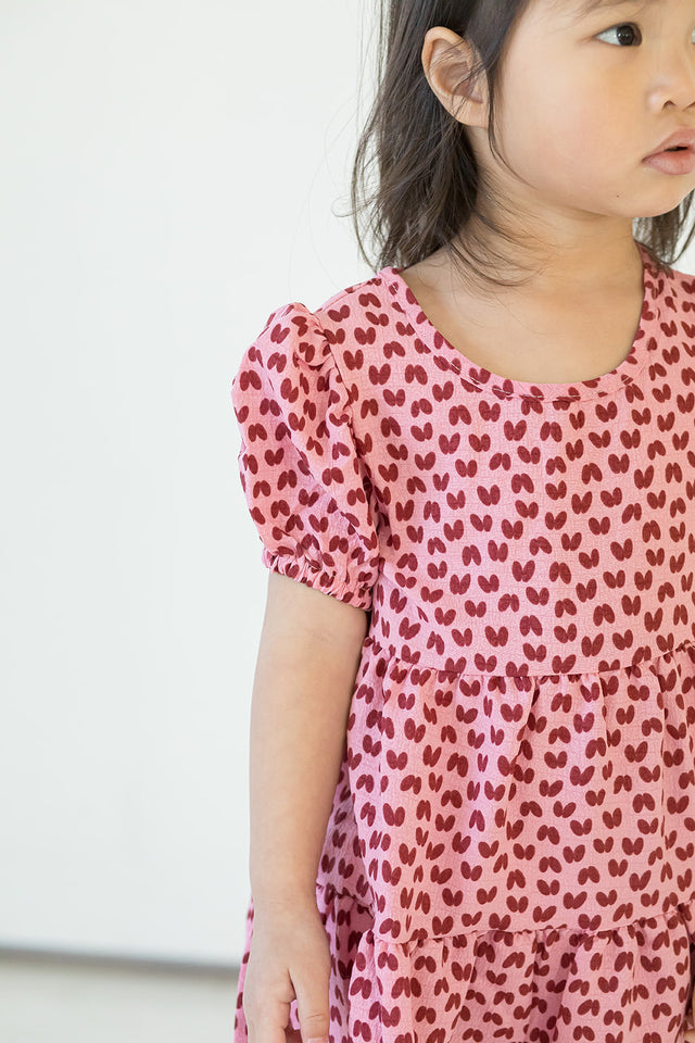 Girl's Pink and Dark Red Hearts Cotton Puff Sleeve Dress