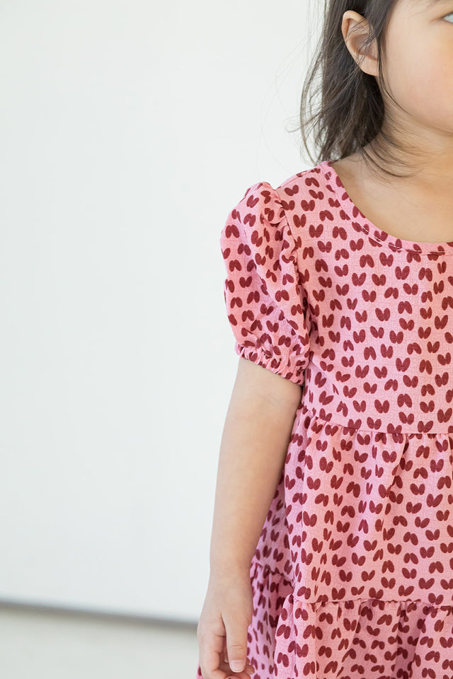 Girl's Pink and Dark Red Hearts Cotton Puff Sleeve Dress