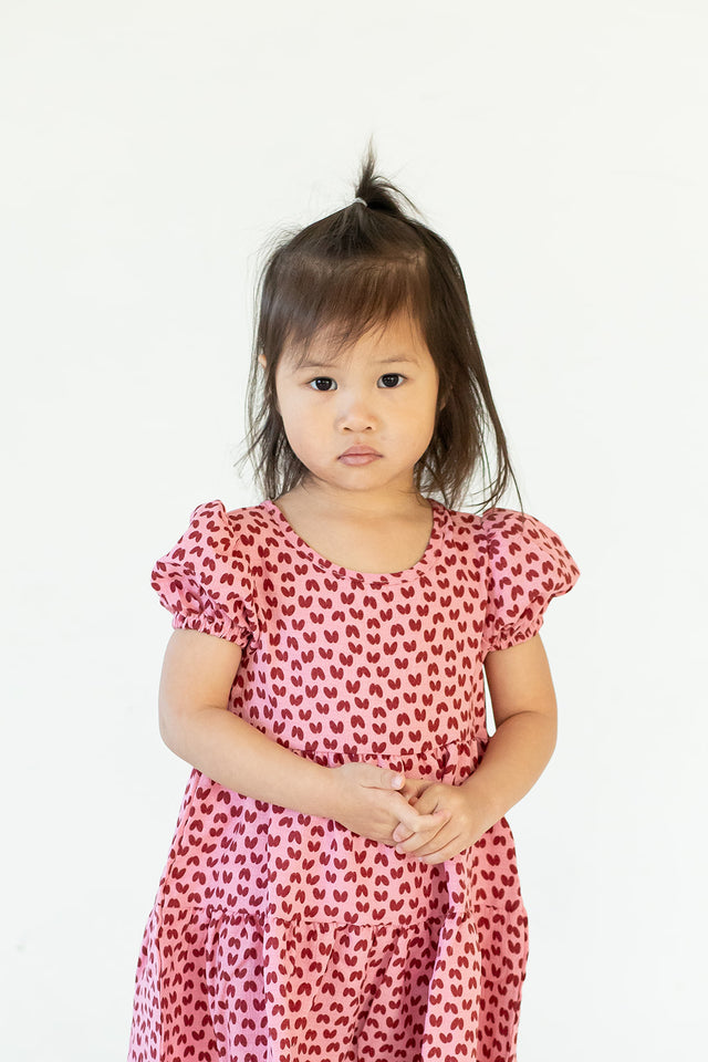 Girl's Pink and Dark Red Hearts Cotton Puff Sleeve Dress