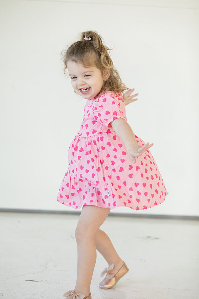 Girl's Pink and Bright Pink Hearts Cotton Puff Sleeve Dress