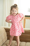 Girl's Pink and Bright Pink Hearts Cotton Puff Sleeve Dress