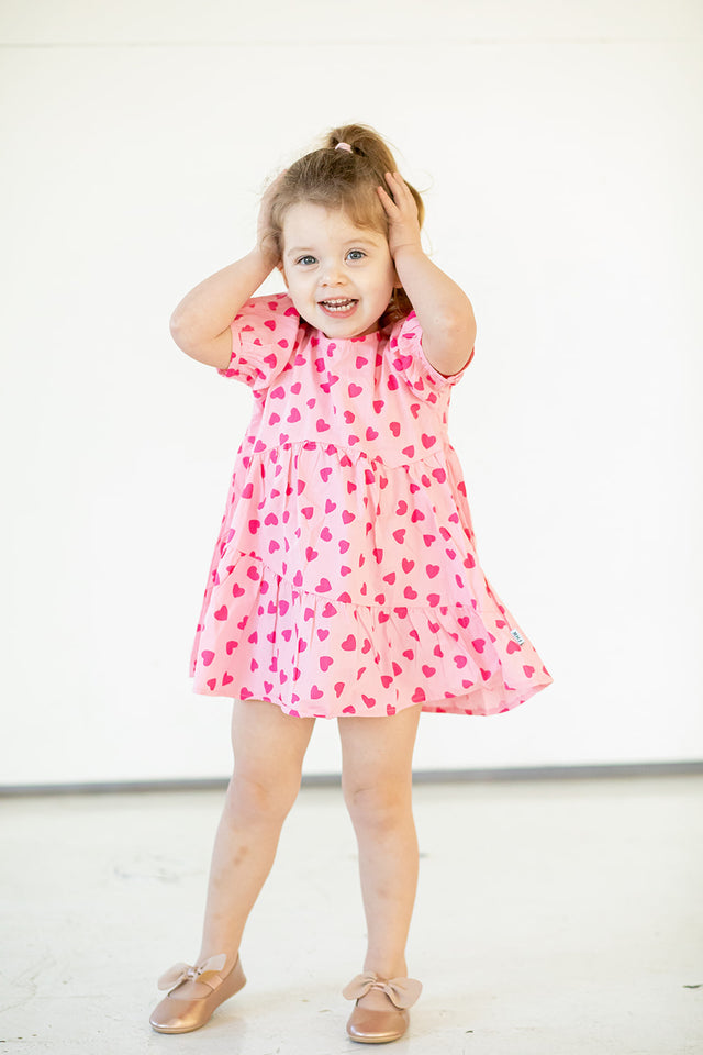 Girl's Pink and Bright Pink Hearts Cotton Puff Sleeve Dress
