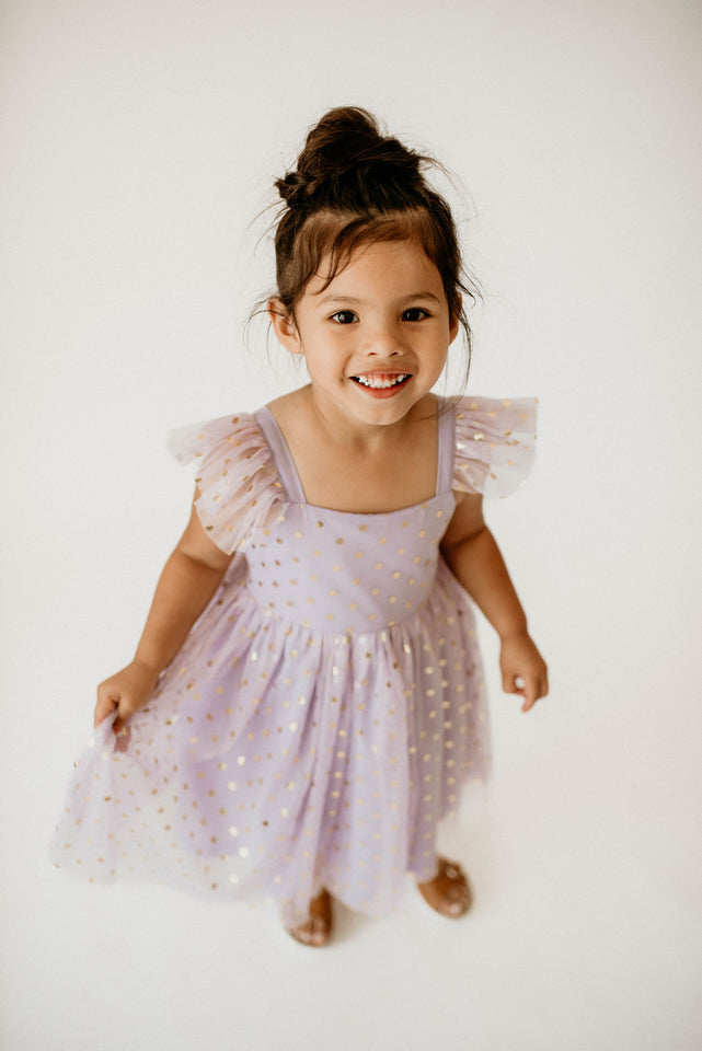 Girl’s Purple and Gold Polka Dot Tulle Flutter Sleeve Twirl Dress