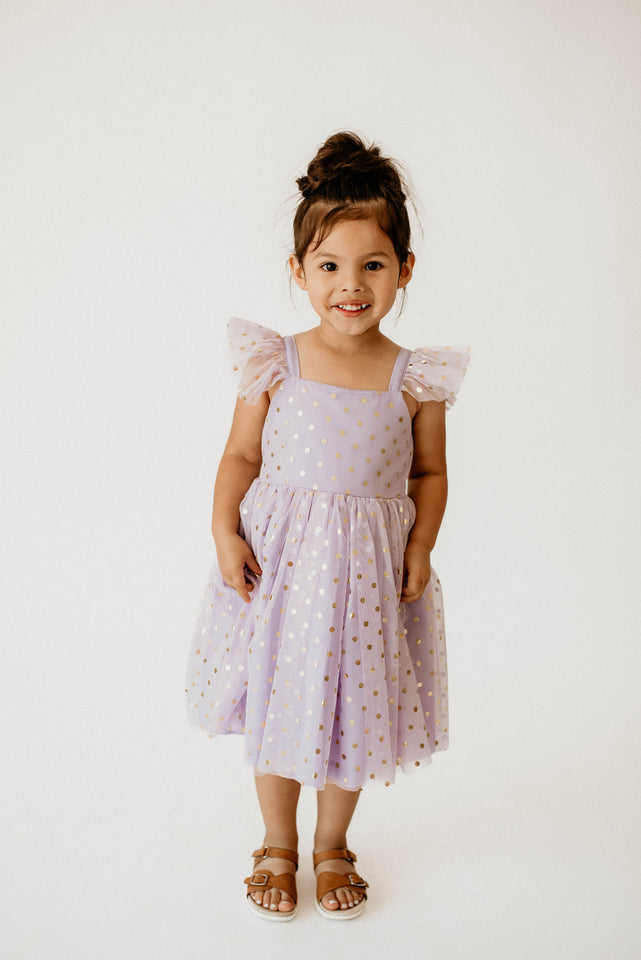 Girl’s Purple and Gold Polka Dot Tulle Flutter Sleeve Twirl Dress
