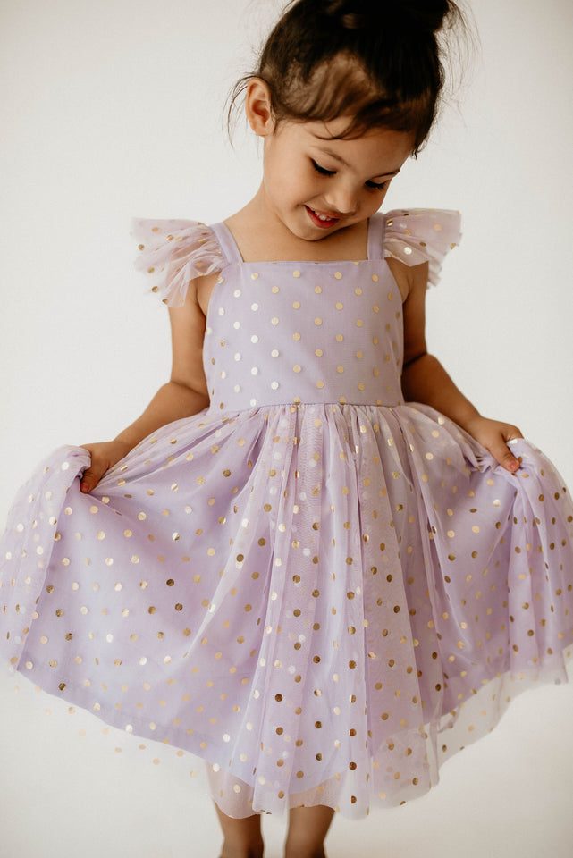 Girl’s Purple and Gold Polka Dot Tulle Flutter Sleeve Twirl Dress