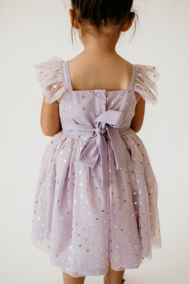 Girl’s Purple and Gold Polka Dot Tulle Flutter Sleeve Twirl Dress