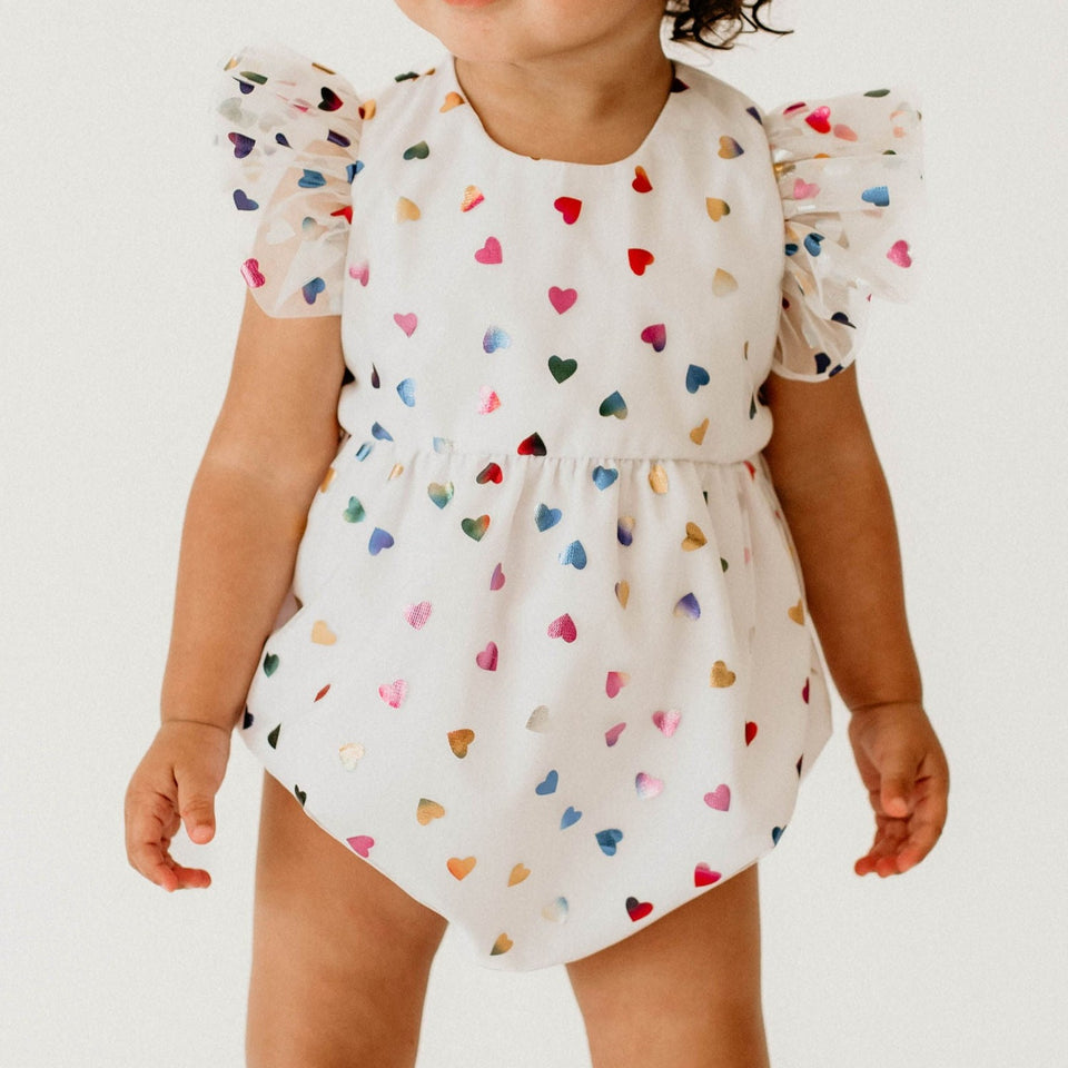Infant Girls White Rainbow Hearts Tulle Bubble Romper