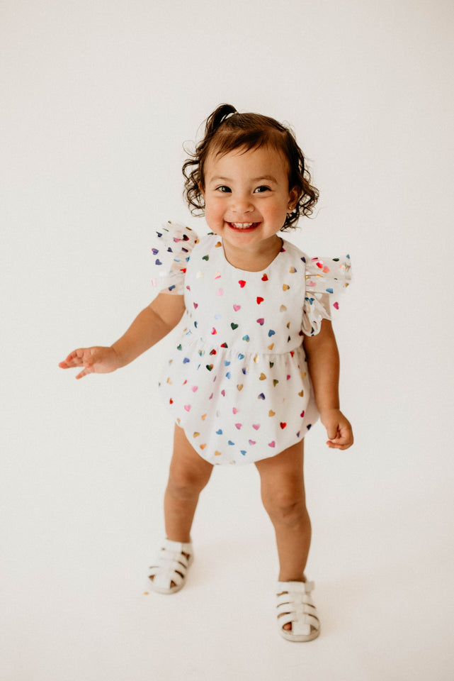 Infant Girls White Rainbow Hearts Tulle Bubble Romper