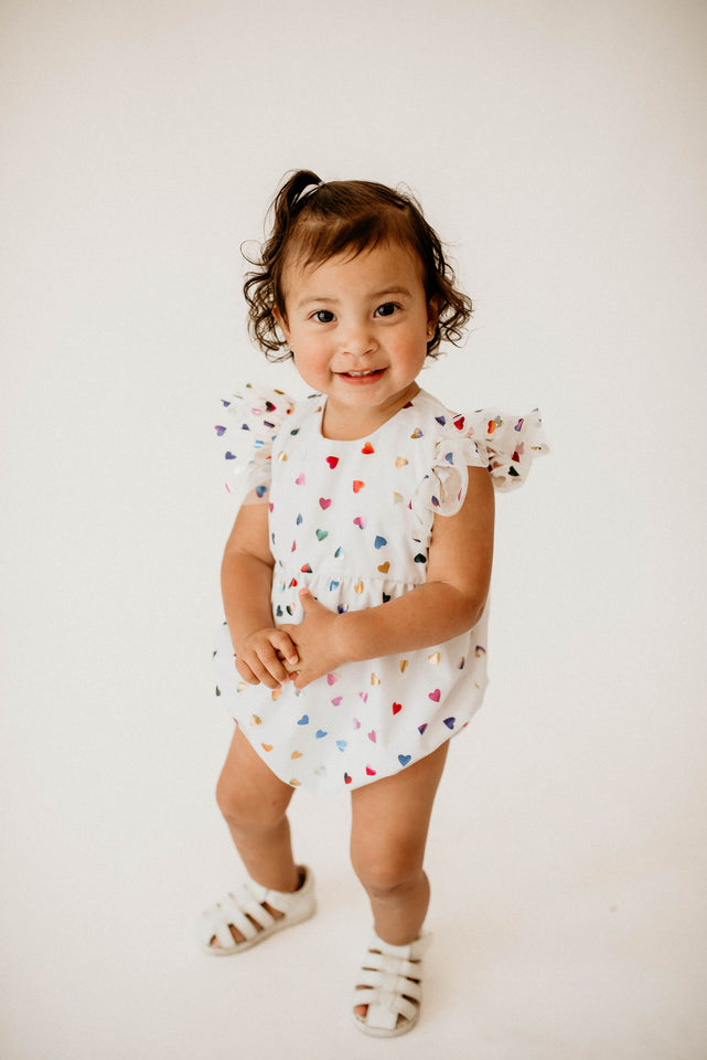 Infant Girls White Rainbow Hearts Tulle Bubble Romper