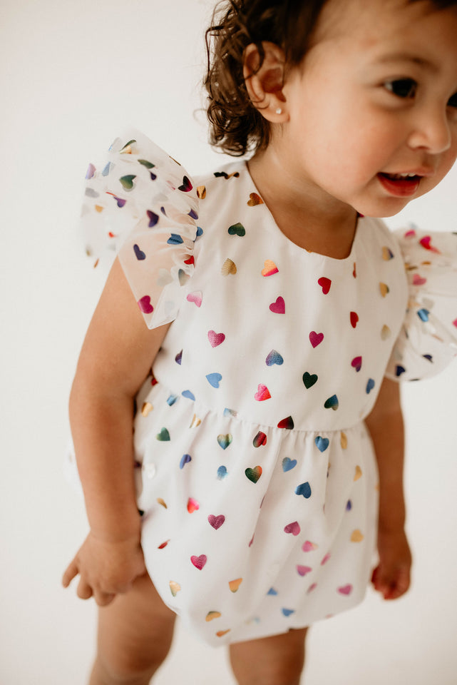 Infant Girls White Rainbow Hearts Tulle Bubble Romper