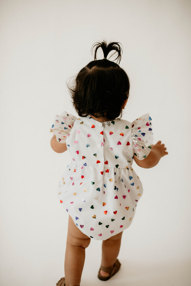 Infant Girls White Rainbow Hearts Tulle Bubble Romper