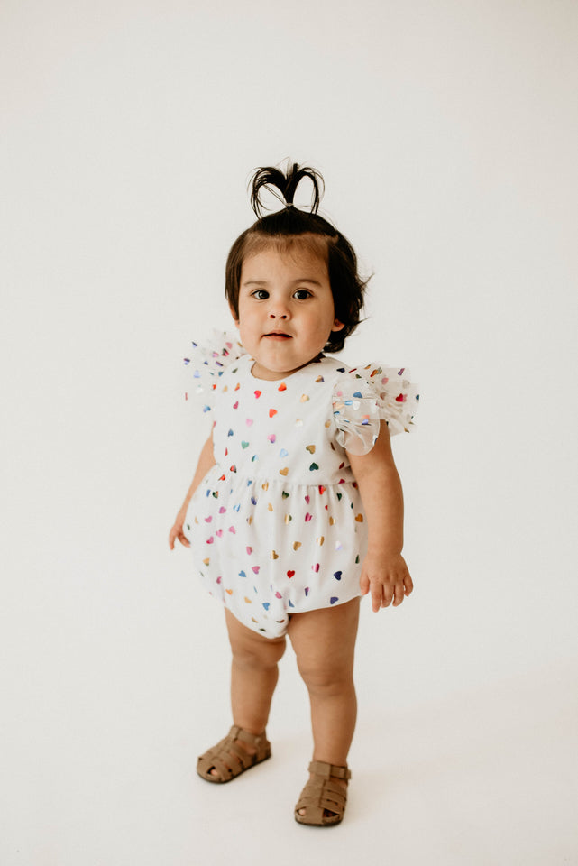 Infant Girls White Rainbow Hearts Tulle Bubble Romper