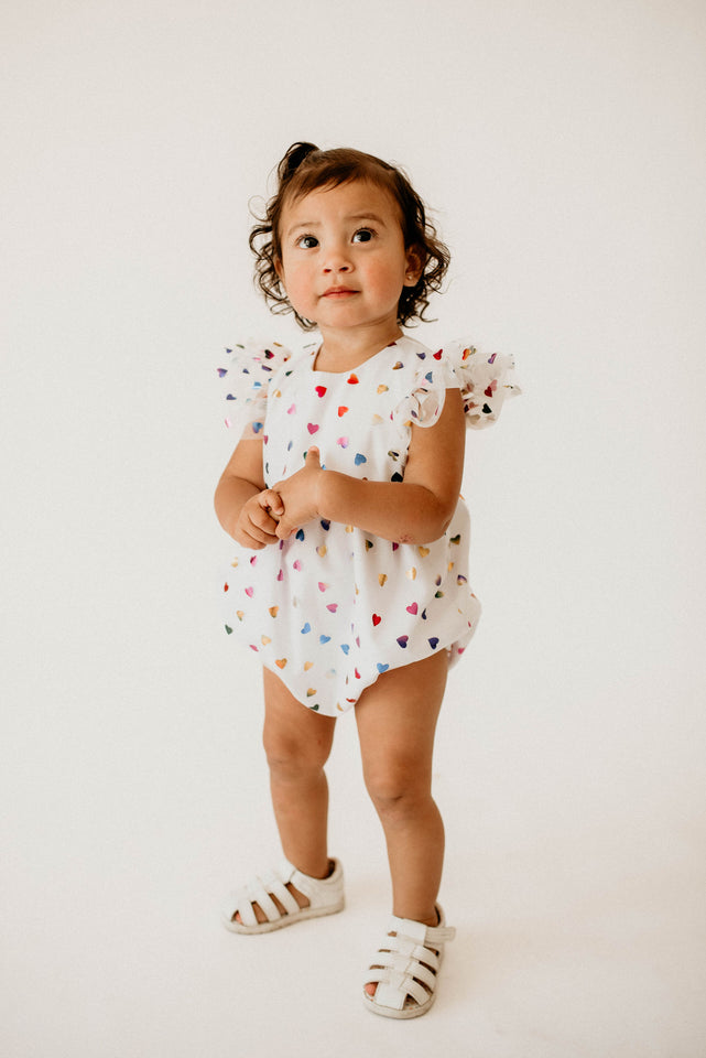 Infant Girls White Rainbow Hearts Tulle Bubble Romper