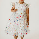 Girl's Rainbow Hearts White Tulle Confetti Party Dress