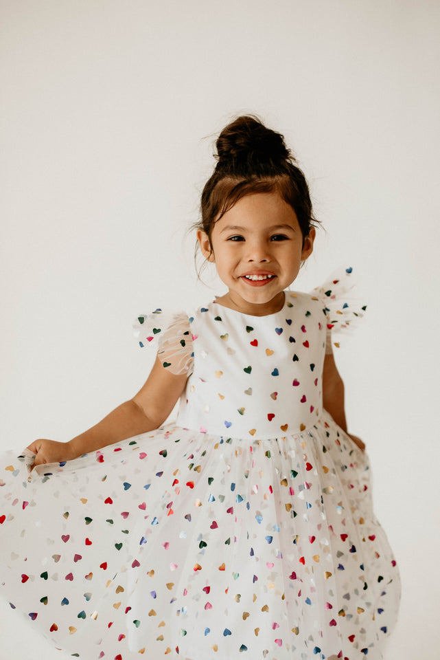 Girl's Rainbow Hearts White Tulle Confetti Party Dress