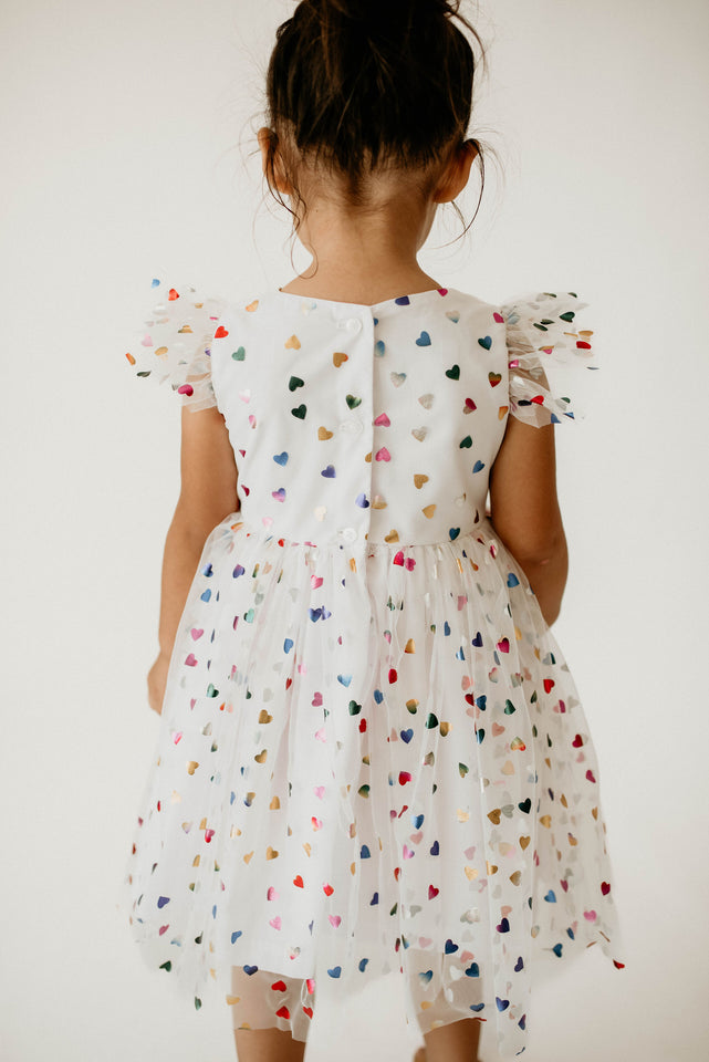 Girl's Rainbow Hearts White Tulle Confetti Party Dress