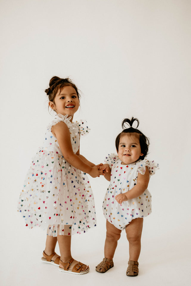 Girl's Rainbow Hearts White Tulle Confetti Party Dress