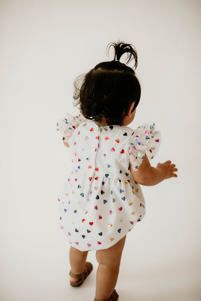 Girl's Rainbow Hearts White Tulle Confetti Party Dress