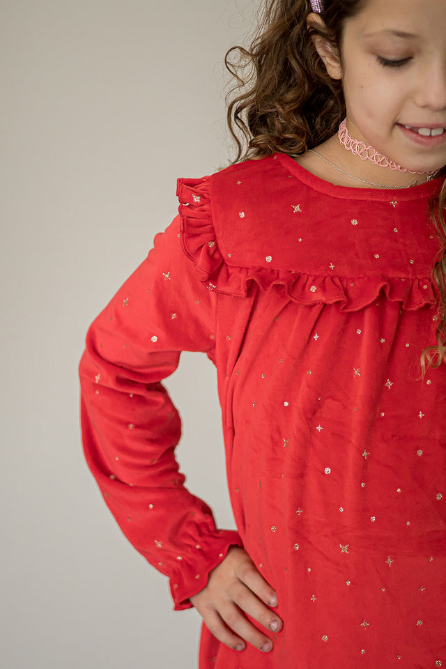 Girl's Red and Gold Stretch Velvet Ruffle Bib Shift Dress