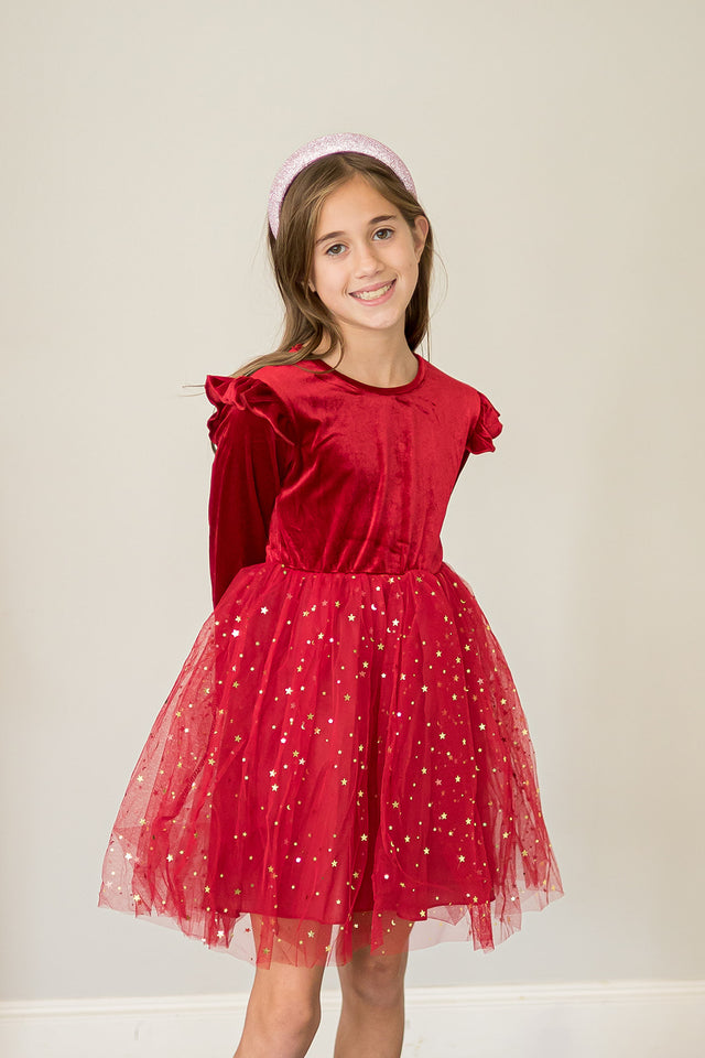 girls red and gold velvet and tulle christmas dress