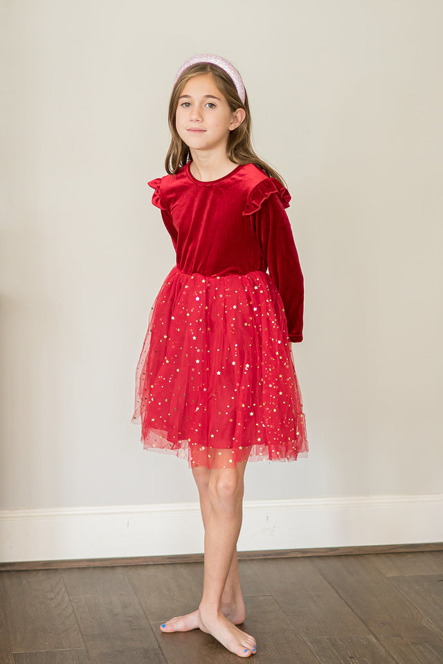 girls red and gold velvet and tulle christmas dress