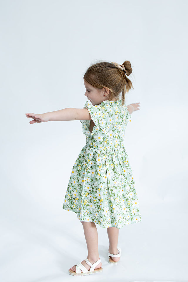 Girl’s Light Green and Yellow Floral Ruffle Button-Down Dress