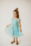 Girl’s Turquoise and Gold Polka Dot Tulle Flutter Sleeve Twirl Dress