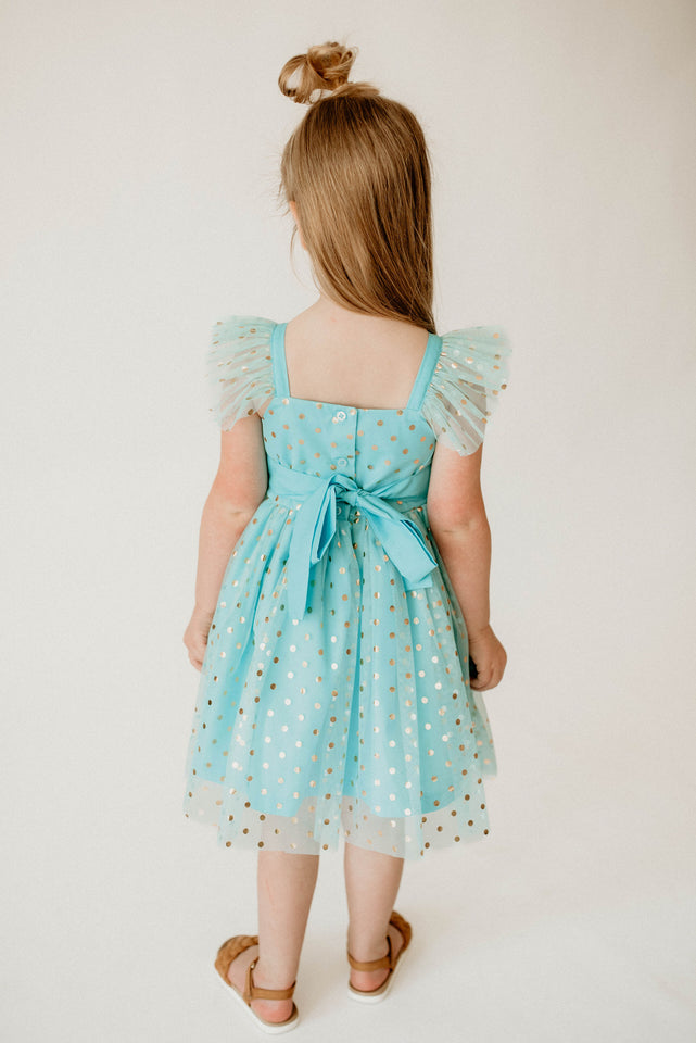 Girl’s Turquoise and Gold Polka Dot Tulle Flutter Sleeve Twirl Dress