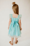 Girl’s Turquoise and Gold Polka Dot Tulle Flutter Sleeve Twirl Dress
