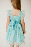 Girl’s Turquoise and Gold Polka Dot Tulle Flutter Sleeve Twirl Dress