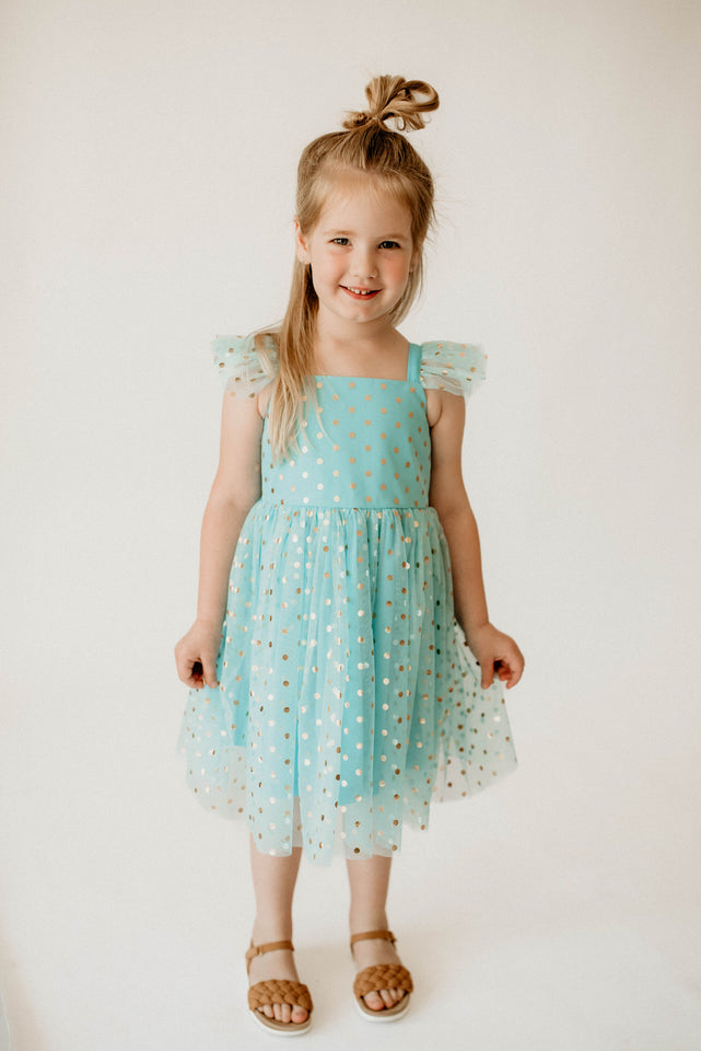 Girl’s Turquoise and Gold Polka Dot Tulle Flutter Sleeve Twirl Dress