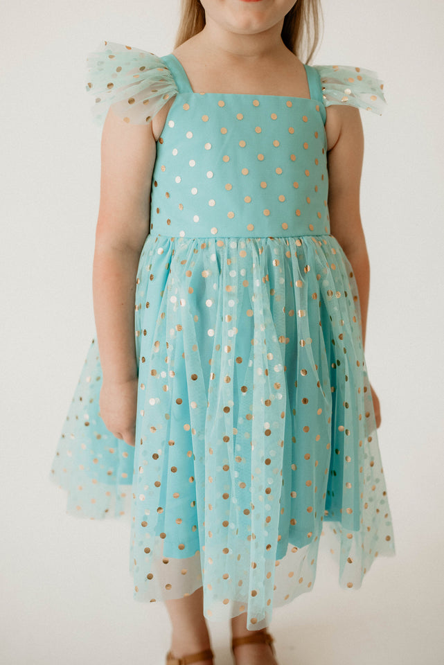 Girl’s Turquoise and Gold Polka Dot Tulle Flutter Sleeve Twirl Dress