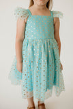 Girl’s Turquoise and Gold Polka Dot Tulle Flutter Sleeve Twirl Dress